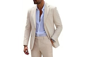 MOGU Men Seersucker Summer Suit 2 Piece Casual Slim Fit Striped Suits for Beach Proms Wedding Grooms