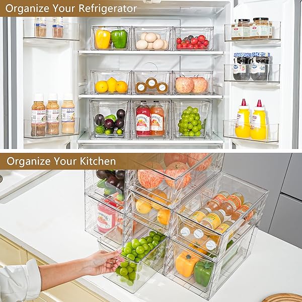CLEMATE 4PACK STACKABLE KITCHEN STORAGE ORGANIZER, PANTRY ORGANIZERS AND STORAGE, CLEAR FOODS ORGANIZER BINS WITH HANDLES, EASILY ASSEMBLE FOR BATHROOM, KITCHEN, PANTRY, CABINET, CLOSET