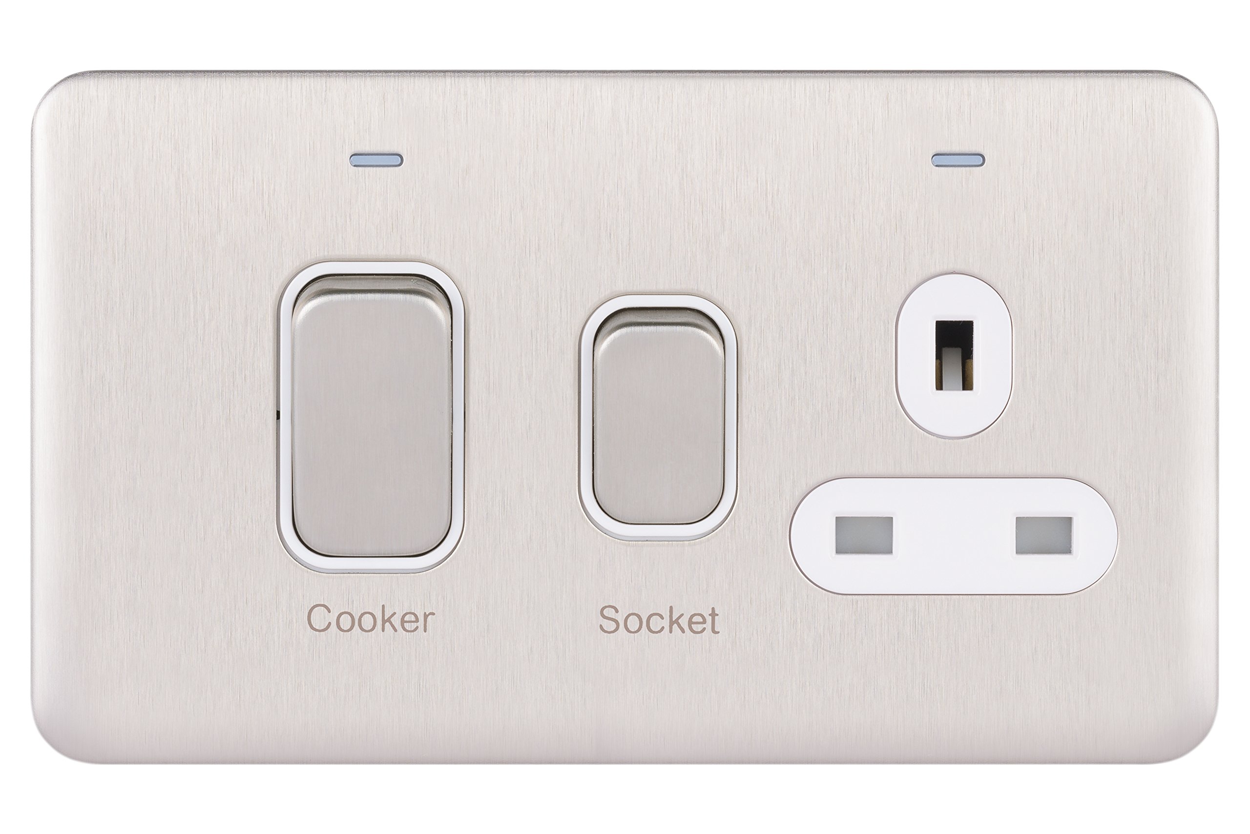 Schneider Electric Lisse Screwless Deco - Switched Cooker Control Unit with 13 A Single Socket and Neon Indicator, 45 A, GGBL4001WSS, Stainless Steel with White Insert