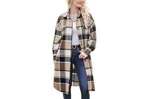 YEEKISUS Women's 2024 Plaid Shacket Jacket Casual Button Wool Blend Long Tartan Trench Coat with Pockets Fall Winter