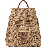 Women Medium Straw Handmade Woven Backpack Flap Drawstring Shoulders Bag Beach Daypack