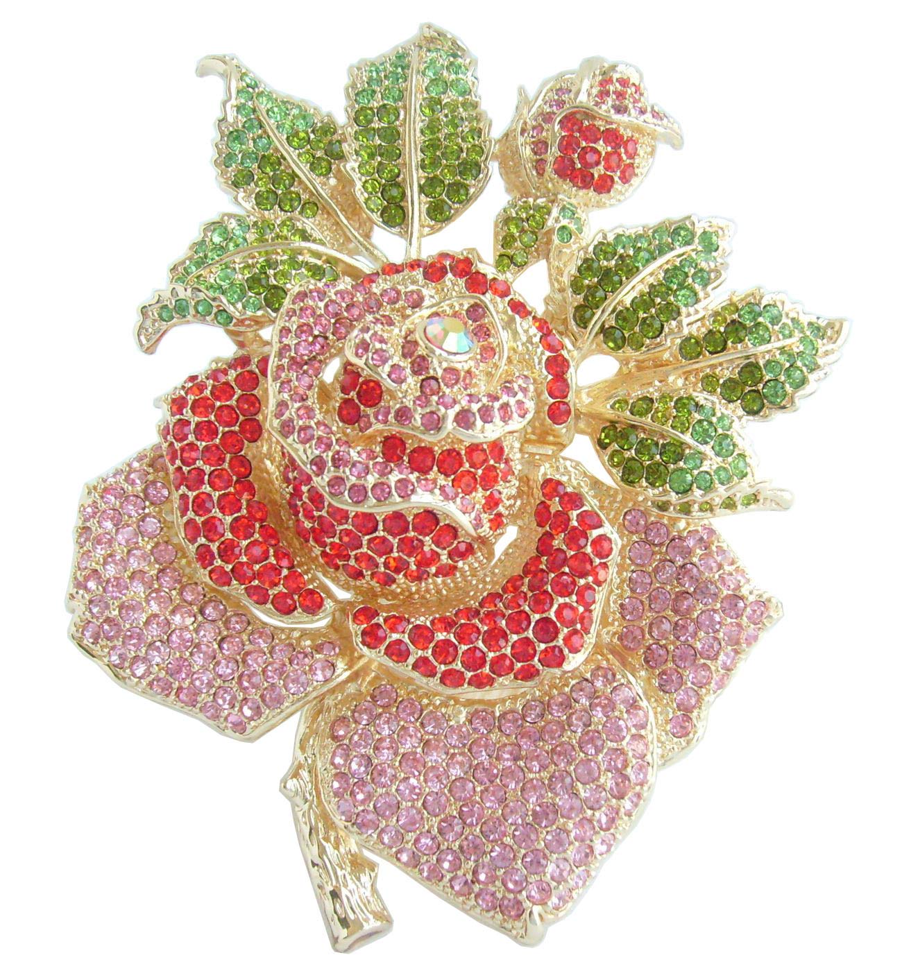 Sindary Gorgeous 5.32" Big Rose Flower Brooch Pin Pendant Austrian Crystal UKB2994 (Gold-Tone Red Pink)