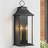 Lawyettle Dusk to Dawn Outdoor Wall Lantern 2-Light, 20.6" Large Outside Wall Sconce, Modern Black Wall Light Fixture with Gl