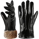 OCXMME Super Warm Rabbit Fur Mens Leather Gloves for Men Winter Touchscreen Texting Driving Gloves