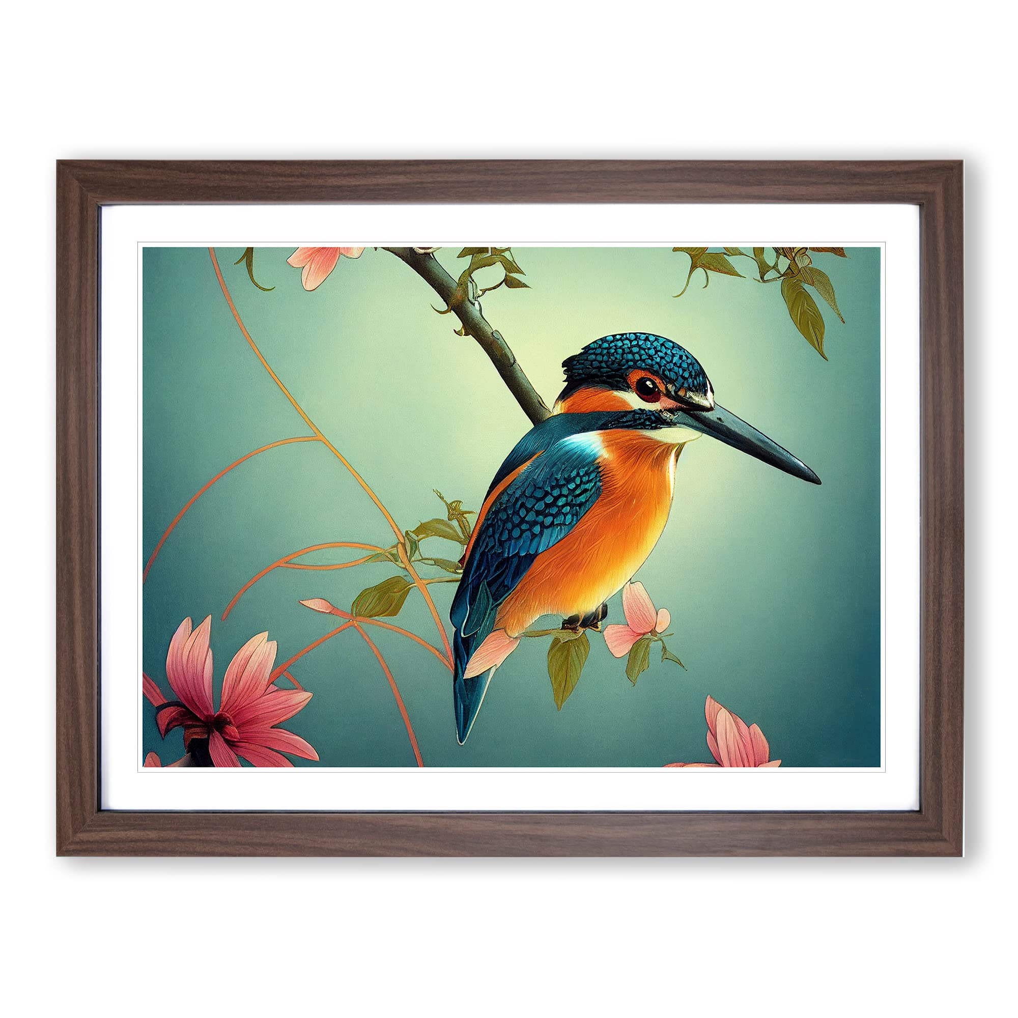 Precious Kingfisher Bird Framed Print | A4 Walnut Framed Wall Art | Ready to Hang | Modern Nature Picture | Living Room Bedroom Lounge Office