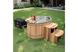 AURGOD Cold Plunge Tub with 1HP Chiller, 600L for 2 Person,Cooling and Heating System, Canadian Red Cedar Bathtub, Stainless 