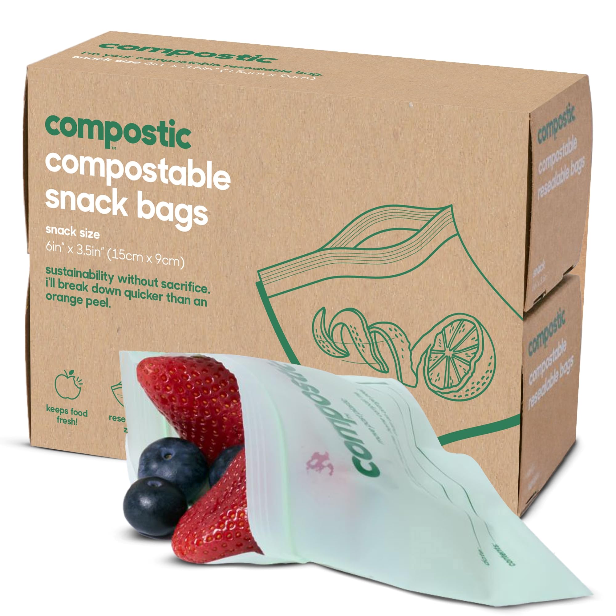 Photo 1 of Compostic Home Compostable Resealable Snack Bags (6"x 3.5"), Microwave & Freezer Safe, Organic Food Storage Container, 40Count
