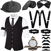 JONRRYIN 1920s Mens Costume Accessories Set, Roaring 20s Costumes Men, Gangster Costume Mens for Halloween, Party Costumes (Black, S)