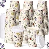 Funnymoom 100 Pieces Vintage Floral Disposable Paper Cups with 120 Lids 12oz Coffee Wildflower Coffee Cups for Spring Floral Themed Birthday Party Women Girls Bridal Wedding Tea Party Baby Shower