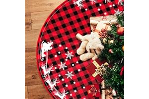 OWCRNEF 48 Inches Red Black Buffalo Plaid Christmas Tree Skirt Rustic Thick Xmas Tree Skirt with Snowflake Elk and Santa Claus Winter Happy New Year Decoration for Home Holiday Party