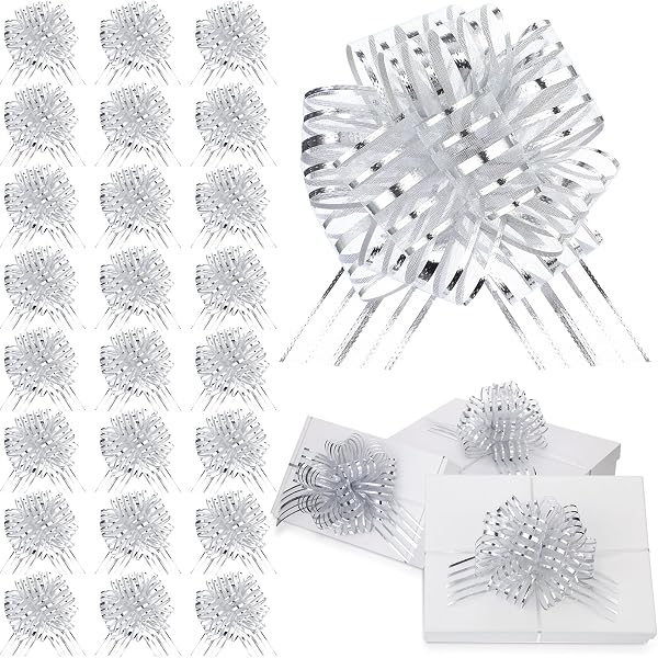 Uxcell Organza Large Pull Bow Gift Wrapping Bows Ribbon Chiffon Yarn For Wedding Basket Presents Christmas Silver 6