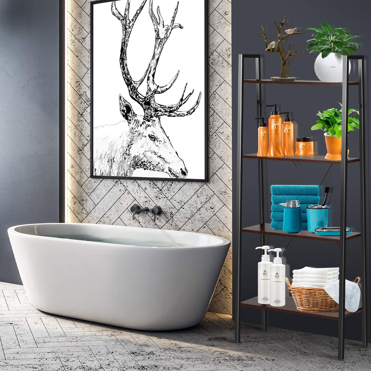 Industrial Ladder Shelf, 4-Tier Bookshelf, Free Standing Bookcase Storage Rack Shelves Plant Flower Stand with Wood Look for Living Room, Bedroom, Kitchen, Bathroom, Home Office, Balcony by Pipishell: Furniture & Decor