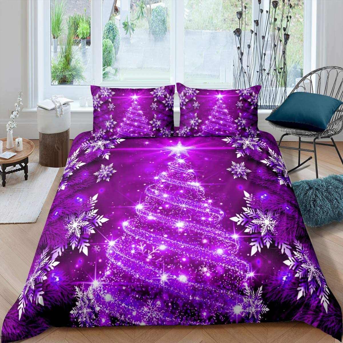 Loussiesd Christmas Tree Duvet Cover Purple Xmas Theme Bedding Set Chic Winter Snowflake Comforter Cover for Girls Kids Daughter Bedroom Decor Girly Glitter Bedspread Cover King 3Pcs — image 1