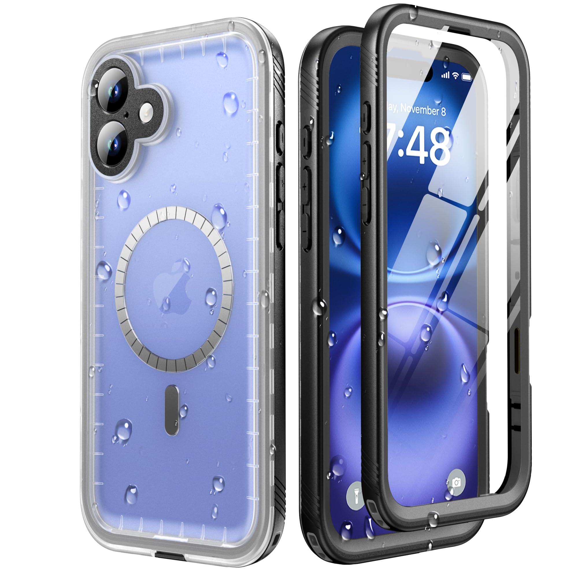 Photo 1 of SOKUSIN Magnetic for iPhone 16 Case Waterproof - Compatible with Magsafe, Shockproof Drop Dust Proof Case with Built in Screen & Lens Protector, Full Body Rugged Cover, 6.1", Black/Frosted Clear
