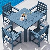 SERWALL HDPE Outdoor Square Dining Set for 4 | with Armchair Seat, Blue