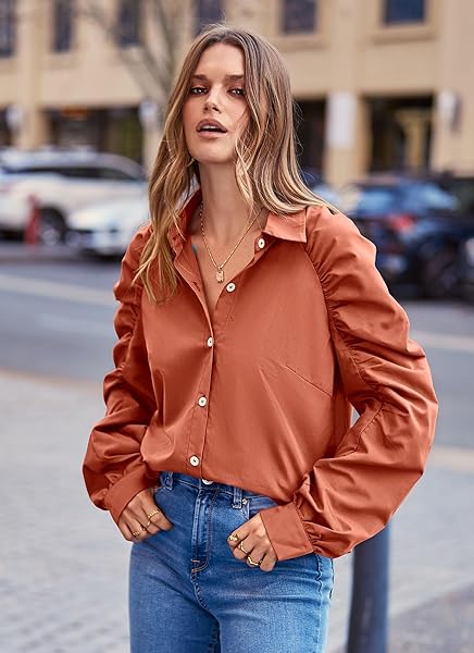 PRETTYGARDEN WOMEN’S 2024 FALL FASHION BUTTON DOWN SHIRTS RUCHED LONG SLEEVE BUSINESS CASUAL BLOUSE TOPS (ORANGE,SMALL)