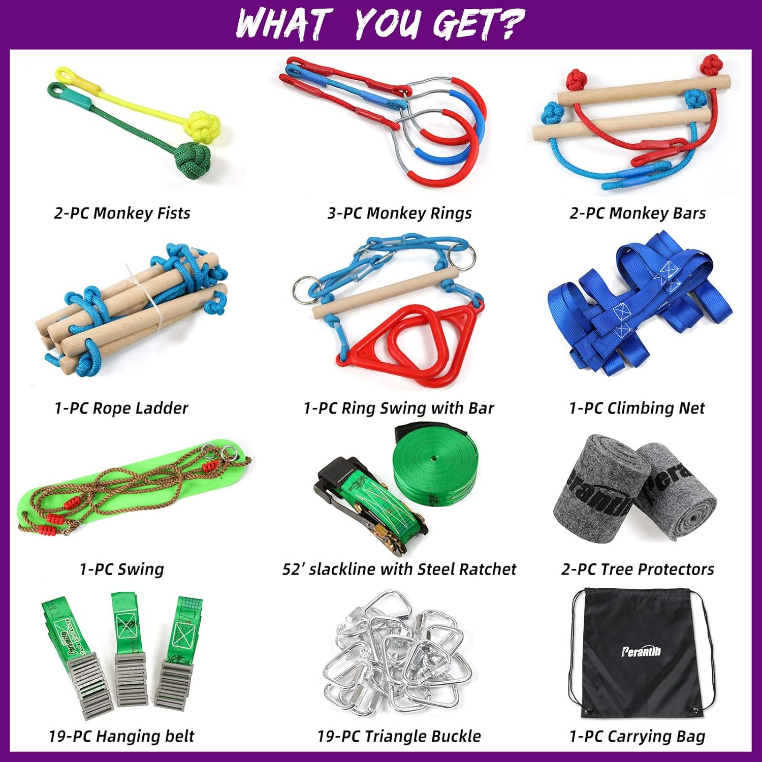 Ninja Warrior Obstacle Course for Kids - Ninja Slackline 52' with 11 Accessories for Kids, Includes Swing, Obstacle Net ,rope ladder,Slackline Gymnastic Bar, Become a Ninja Warrior - Ninja Line: Toys & Games