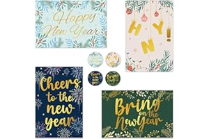 Thboxes New Year Cards with Envelopes, 24 Pack 4x6in Happy New Years Greeting Cards, Gold Foiled 300gsm Happy Holiday Card Christmas Card with Stickers for Family Friend Teacher Classmate, 4 Design