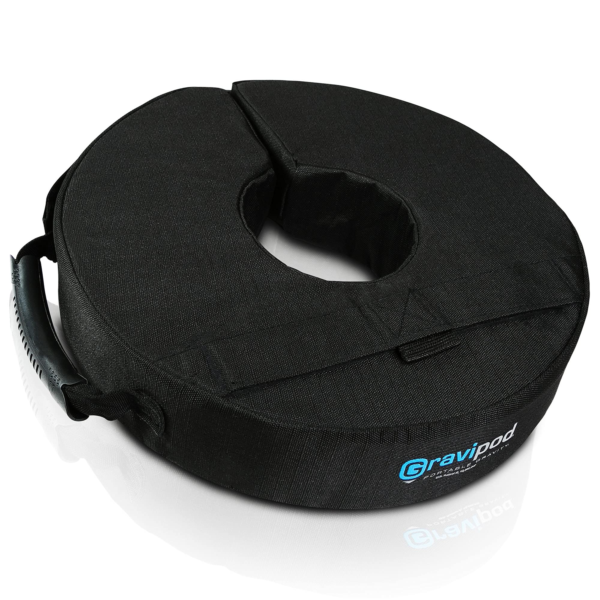 Gravipod Mini Base Weight Bag, 14” Round~Versatile support with split-ring opening and ergonomic handles for any pole, post, stand, AV equipment, or floor lamp~Industrial Ballistic Ripstop Polyester