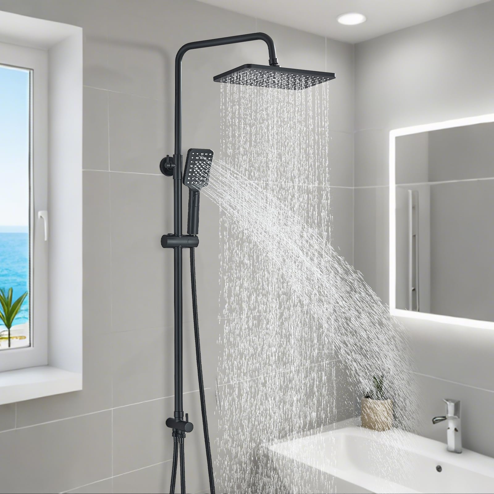 Rozin Black Shower Riser Rail Kit Shower System Black 29 * 19cm Square Rainfall Head 3 Functions Handheld Shower and Hose Set Adjustable 70-117 cm