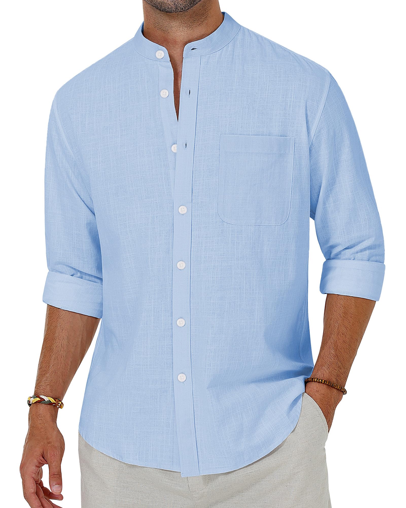 Photo 1 of Alimens & Gentle Men's Cotton Linen Shirts Long Sleeve Button Down Shirt Band Collar Beach Shirts Cool Blue LARGE 