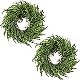 ENVEN 2 Pack Artificial Christmas Wreaths for Front Door, Norfolk Pine & Cedar Greenery with Red Velvet Bows, Real Touch Holiday Wreaths for Indoor Outdoor Decoration, No Assembly Needed