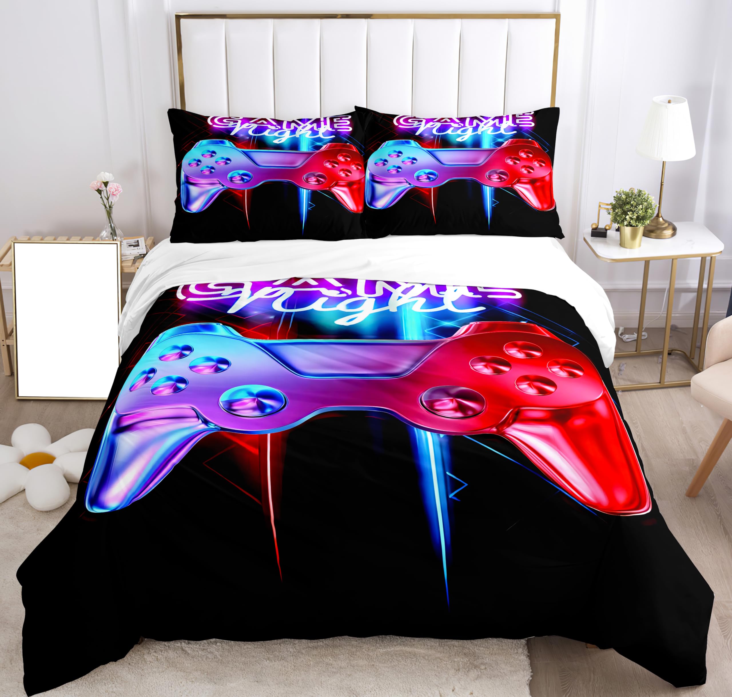 SHUAIG Children's Gamepad Bed Linen Set, Boys' Gamepad Bedding Set, 3D Effect Gamepad Print, Microfibre Duvet Cover and Pillowcase 65 x 65 cm (Red Blue, 200 x 200 cm)