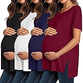 Baggyfly 4 Pack Maternity Shirts Split Side Cotton Pregnancy Tops Loose Fit Crewneck Short Sleeve Casual Maternity Clothes