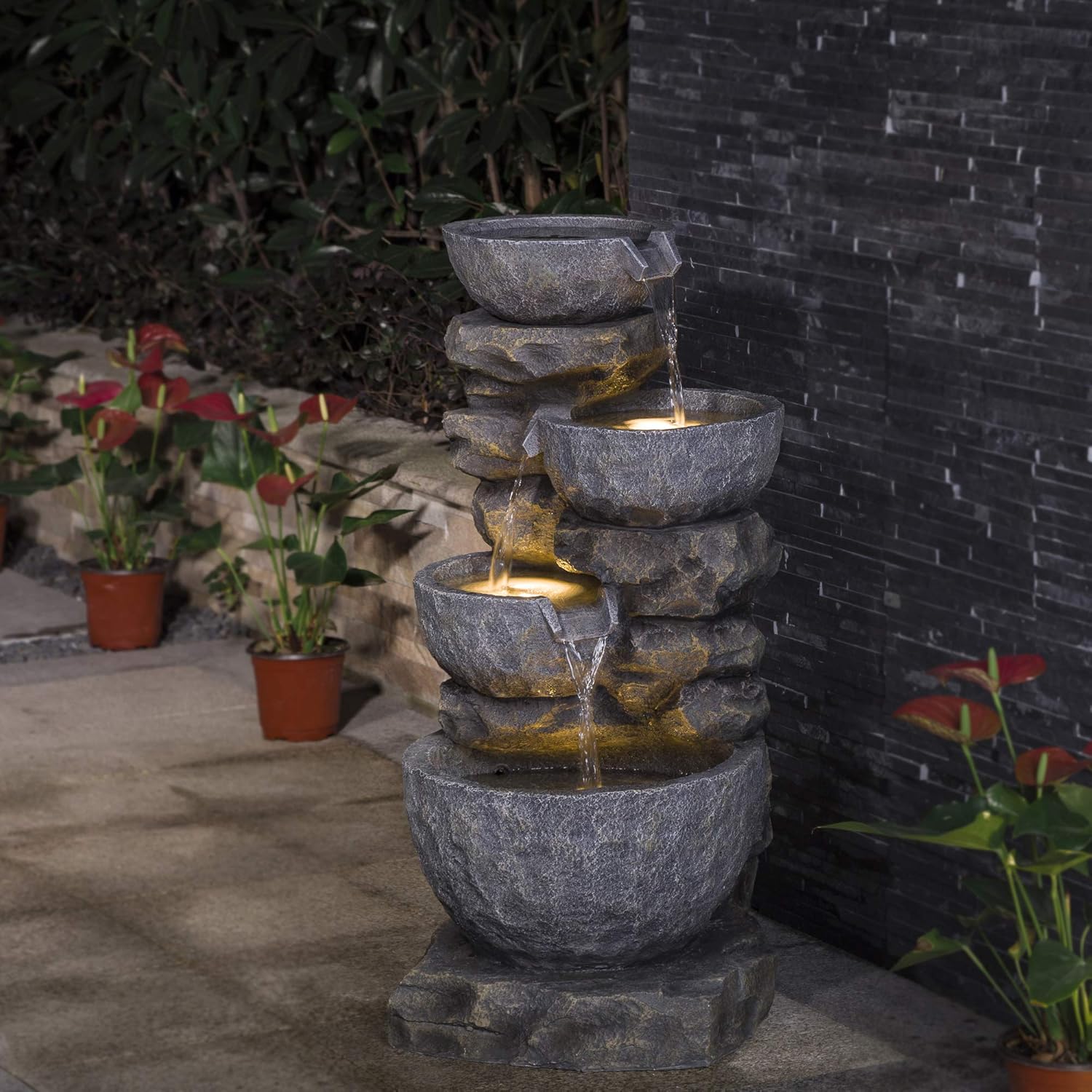 Glitzhome GH11246 Polyresin Stone 4-Tiered Bowls Fountain with LED Lights Outdoor Decorative Water Feature, 32.25" H, Gray : Garden & Outdoor