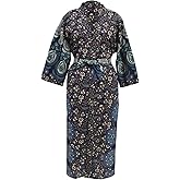 CRAFT KALA Women's Long Robes Kimono Robe with Colorful Crown Printed Crown Blue Kimono Nightgown, One Size