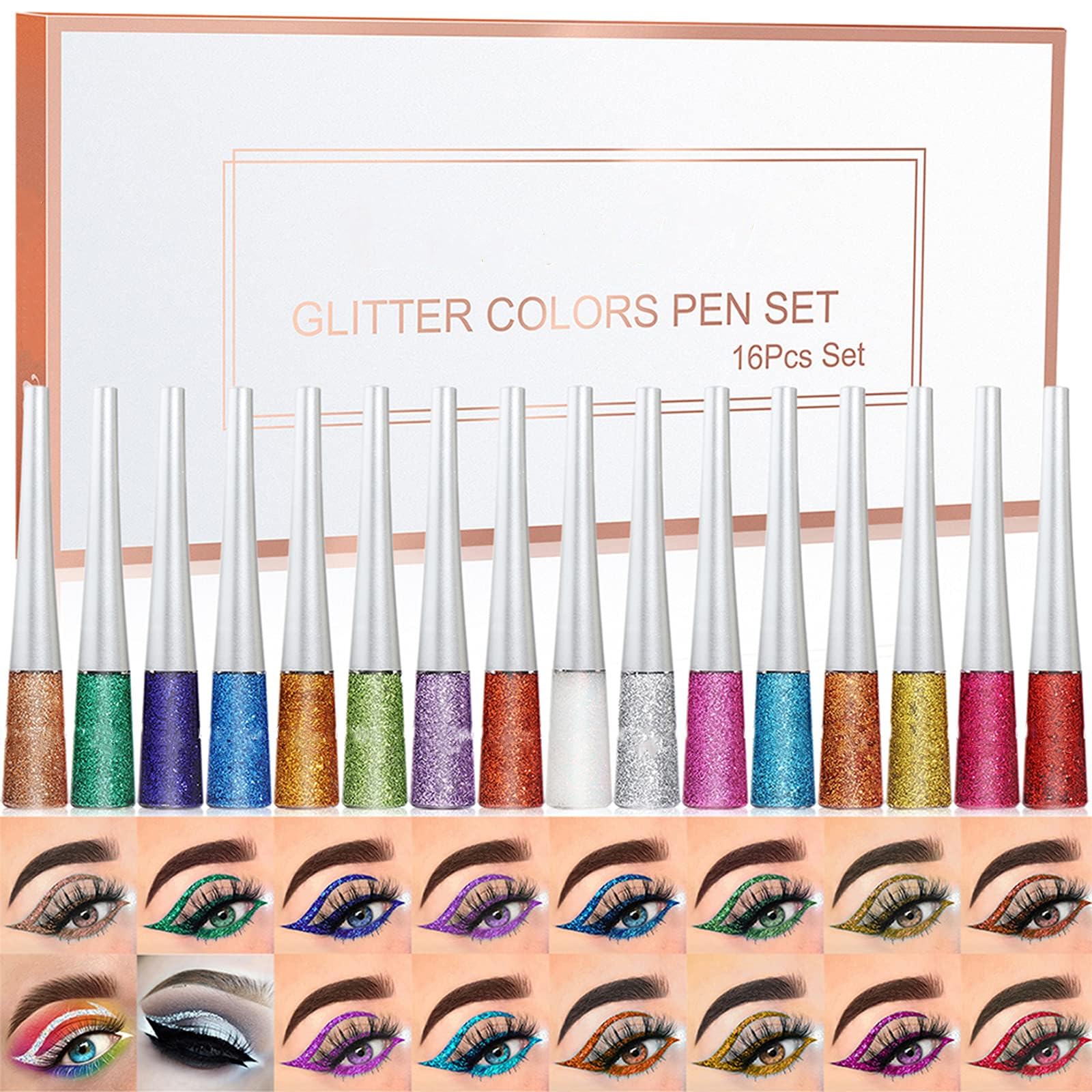 Gireatick 16PCS Liquid Glitter Eyeliner set, 16 Colors High Pigmented Brighten Eye Liner Kit, Long Lasting Waterproof Metallic Shimmer Eyeshadow