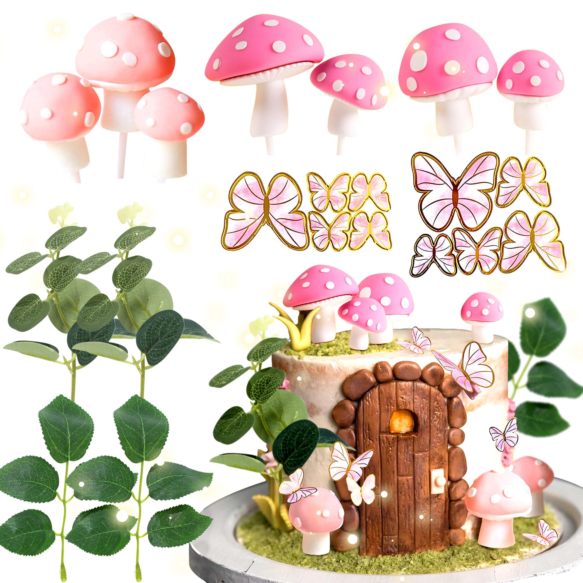 JeVenis Pink Mushroom House Cake Decoration Mushroom Cake Decorations Fairy Cake Decorations Garden Fairy Cake Decoration Fairy Party Supplies Fairy Party Favors