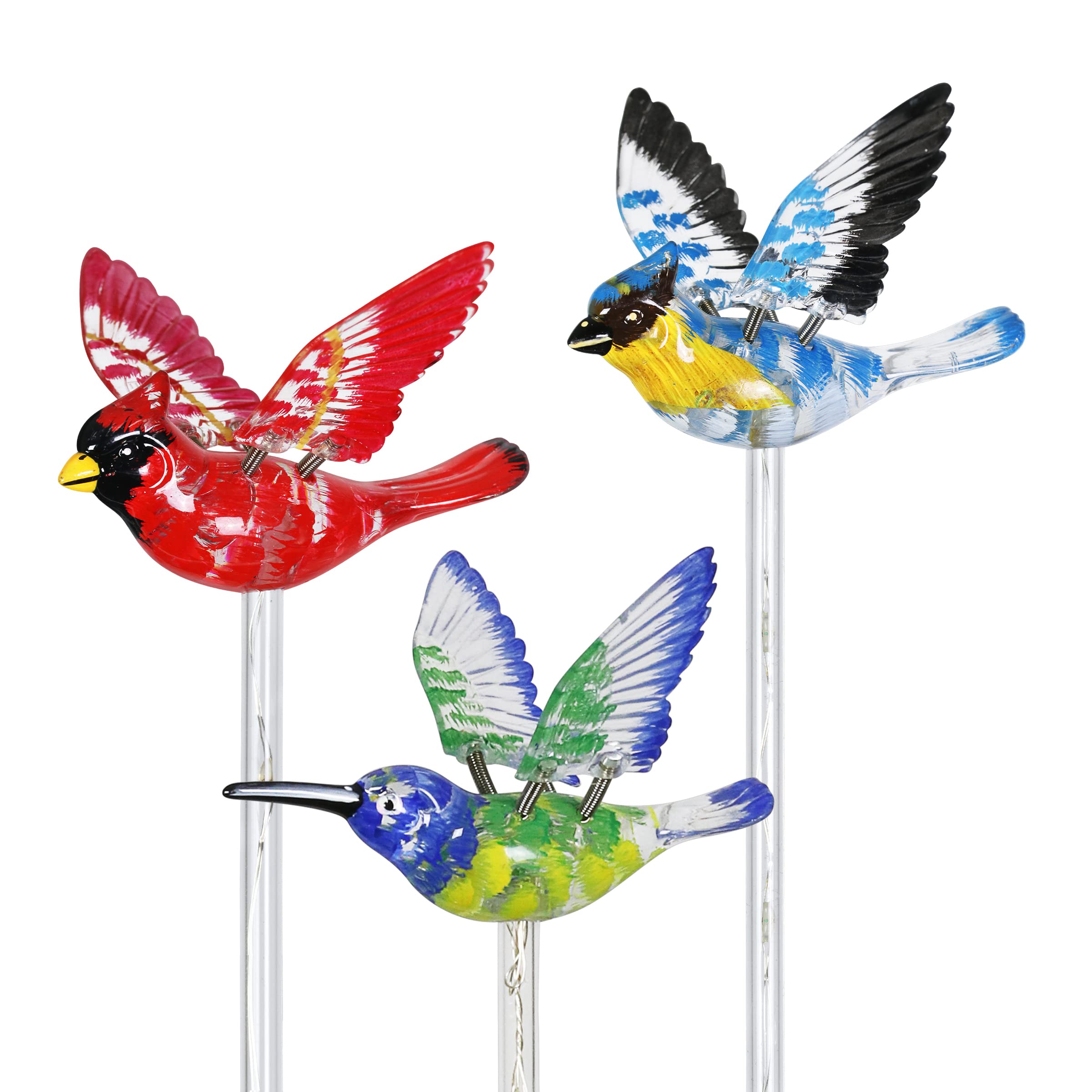Photo 1 of Exhart Garden Stake, Set of 3 Bird Garden Solar Lights Stakes, Colored LEDs, WindyWing Outdoor Garden Decorations, Cardinal, Hummingbird, and Blue Bird, 3 x 24 Inch