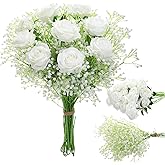 Janinka 48 Branches Baby's Breath Artificial Flowers Bulk Include Fake Roses Tulip DIY Wedding Bouquet Realistic Faux Silk Flowers for Home Wedding Valentine's Day (White,Roses and Baby's Breath)