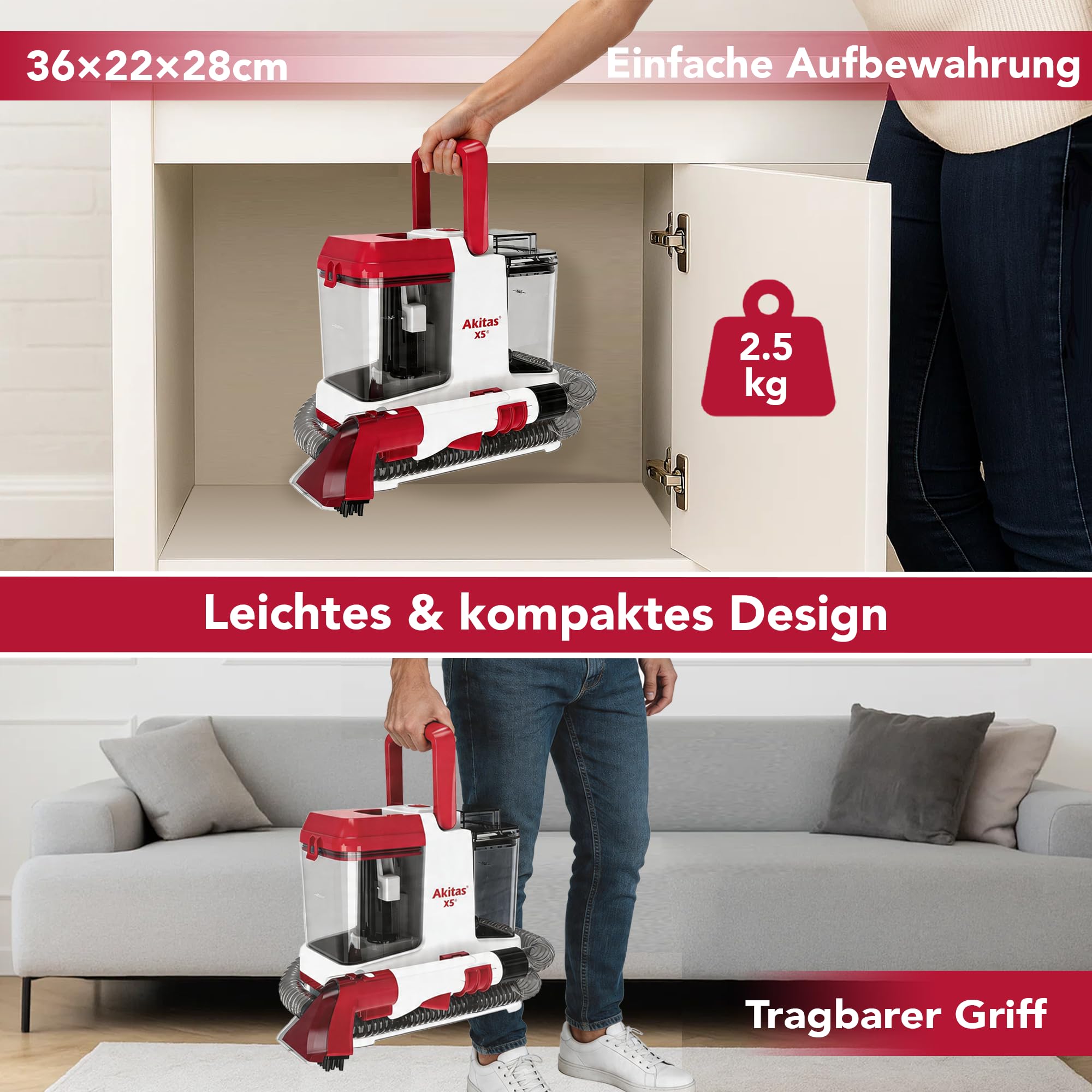 Akitas X5 Waschsauger, Polsterreiniger Gerät, inklusive Probe einer Textilreinigungslösung, 2-Tank Nasssauger, Selbstreinigung, Leicht für Tierflecken auf Sofas & Autositzen 4
