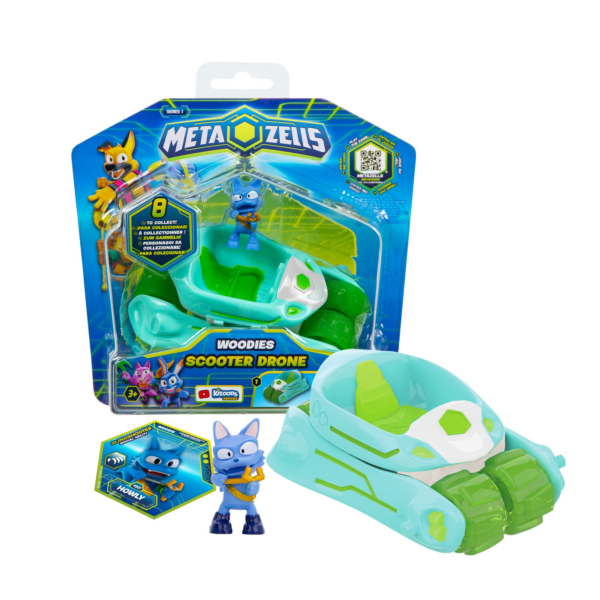 METAZELLS Scooter Drone Blue + Figure Character Howly S1 + 1 Card, Vehicle Transforms Into Drone, Toy Gift for Boys and Girls + 3 Years