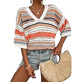 Saodimallsu Womens V Neck Crochet Sweaters Striped Short Sleeve Pullover Hollow Out Tops Beach Cruise Outfits 2025