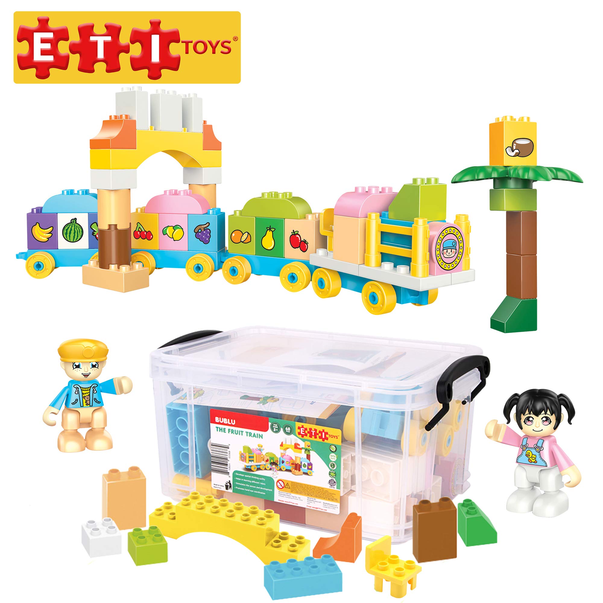 ETI Toys, 68 Piece Bublu The Fruit Train Building Blocks. Build Fruit Train Coaches, Archway, Palm T