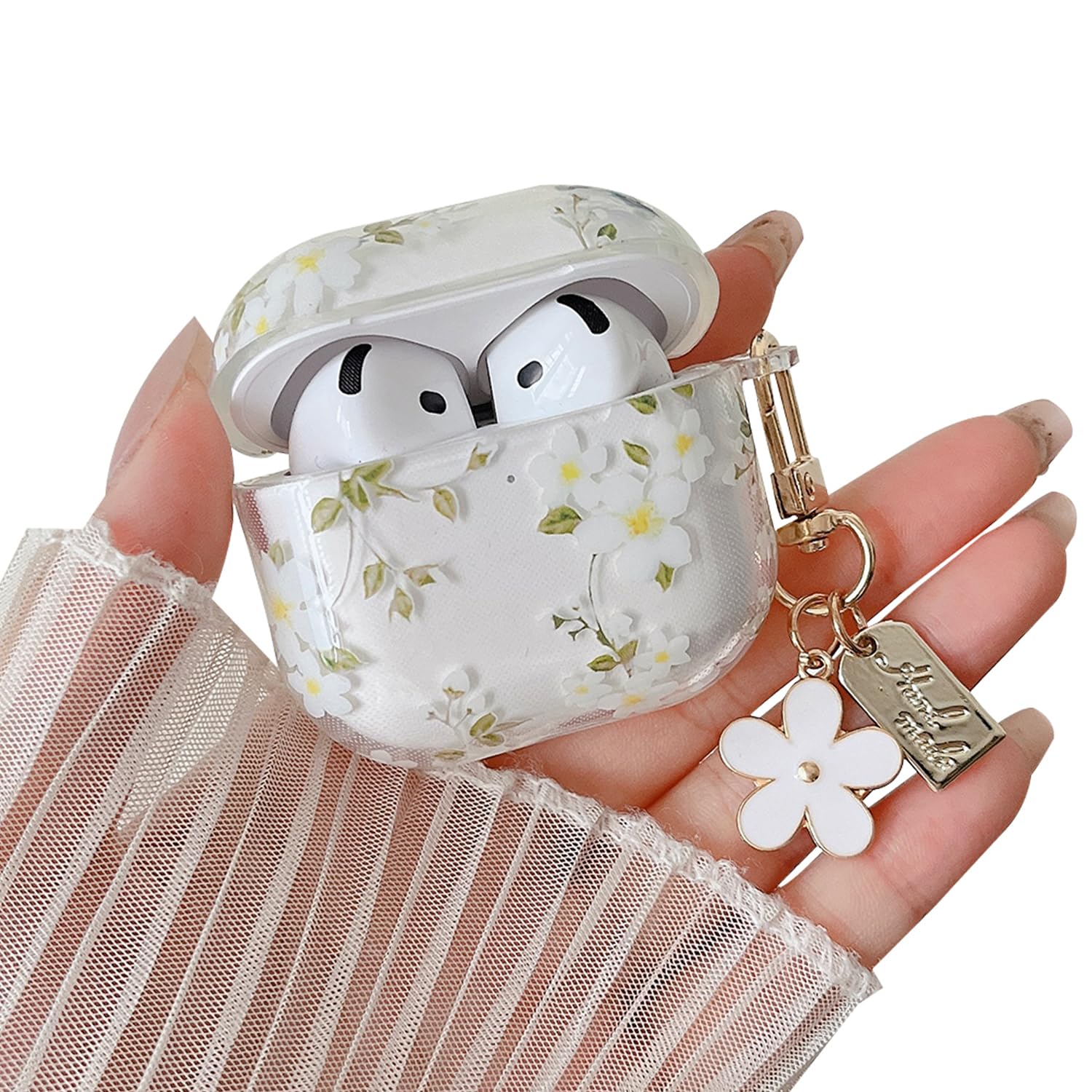 Photo 1 of MINSCOSE Compatible with AirPods 4 Clear Case,Cute Pretty Flower Pattern Design with Floral Keychain, Soft TPU Protective Shockproof Cover for AirPods 4 for Women Girls-White Flower