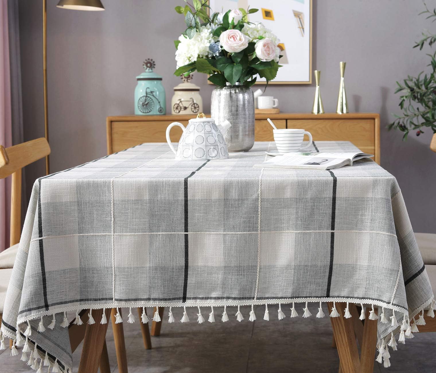 fiercewolf Linen Rectangle Tablecloth Tassel Table Cloth Heavy Weight Cotton Fabric Dust-Proof Table Cover Kitchen Dinning, Rectangle/Oblong, 55 x 78 Inch, Gray White