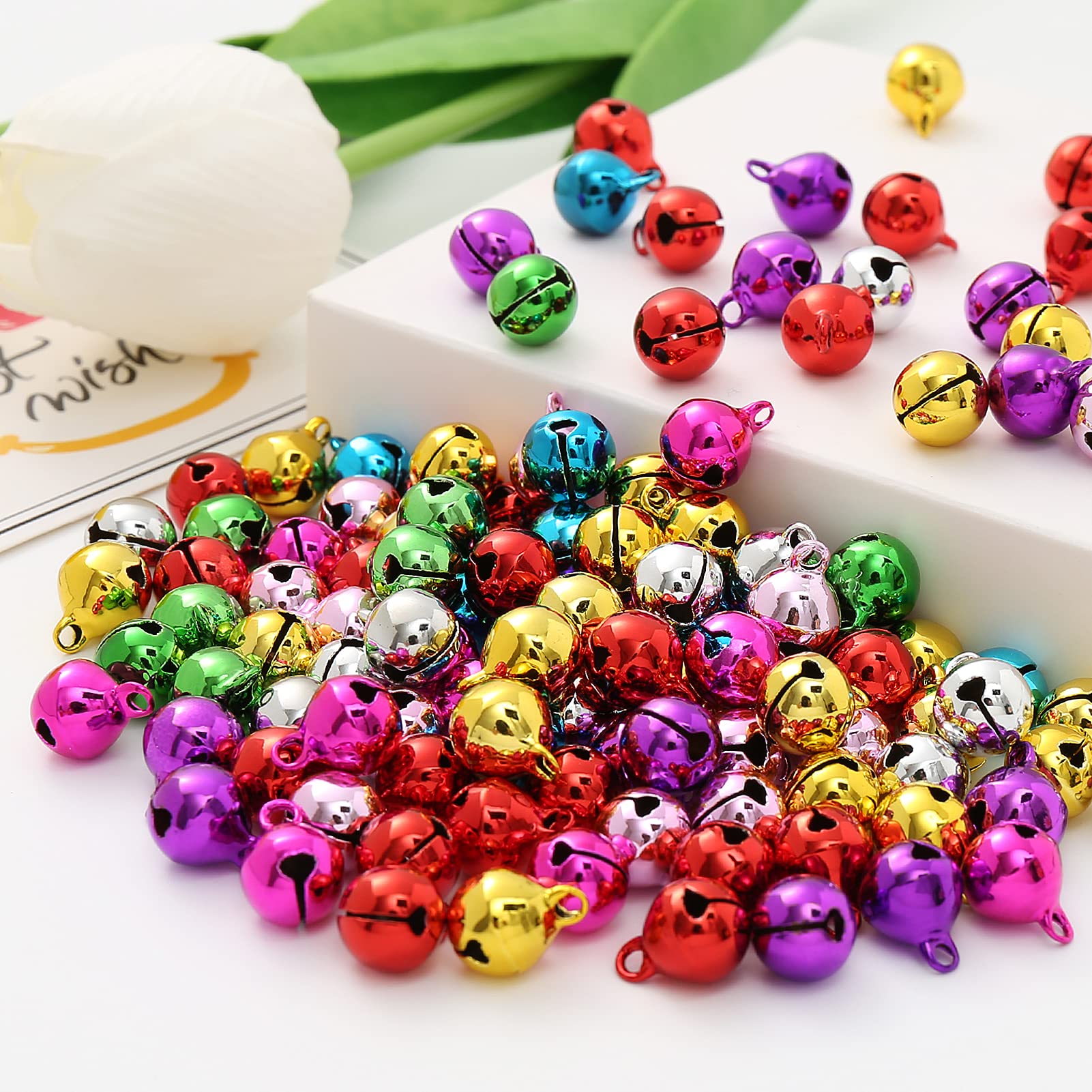 HERZWILD Coloured Jingle Bells Pack of 120 - Copper Bells for Jewellery Craft, Sleigh Ornament, Christmas Party Decoration (Colourful)