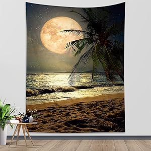 LB Small Tropical Beach Wall Tapestry Hawaii Coconut Tree Room Decor Blanket Moon Over Ocean Sea Tapestry Wall Hanging for Teen Bedroom Living Room Dorm Home Decor, 40 x 60 Inches