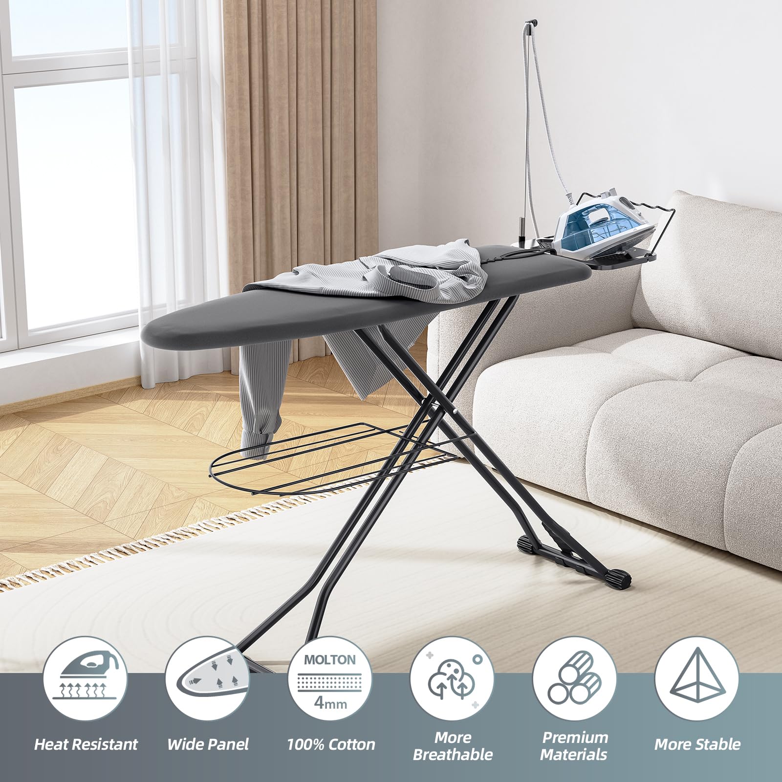 KINGBOARD Ironing Board, Compact Iron Board Full Size with Extra Thick Cover, 7 Adjustable Heights Stand with Hanger and Iron Rest, Large Heavy Duty Ironing Board with Storage Tray, 13x43 Black