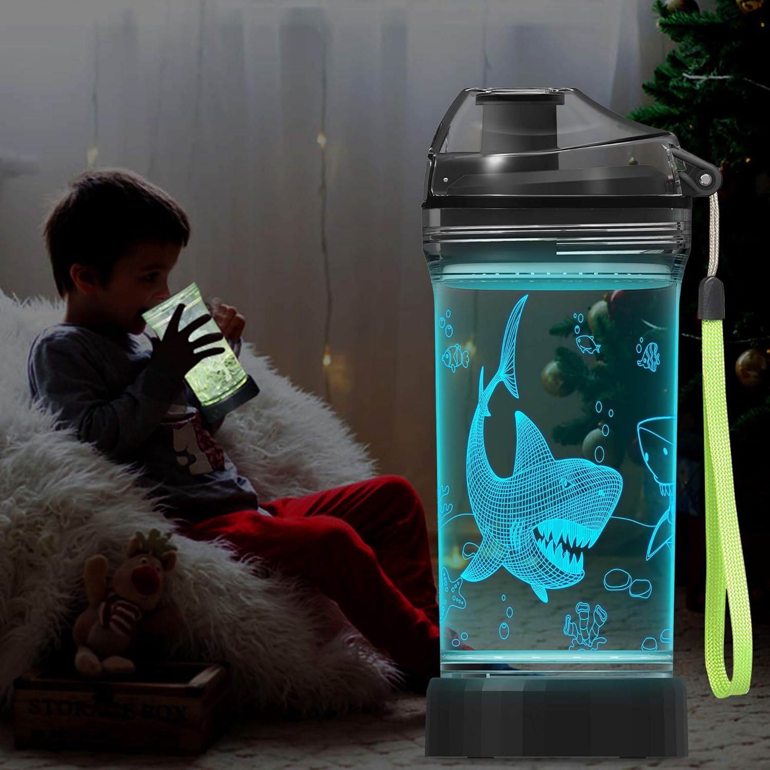 Lightzz Kids Water Bottle with 3D Glowing Shark LED Light, 14 OZ Tritan BPA Free