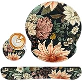 Britimes Spring Flower Leaves Floral Colorful Ergonomic Mouse Pad Set with Wrist Rest Non-Slip Rubber Base Wrist Cushion Support and Coasters Mousepad with Wrist Support for Computer Keyboard and Desk