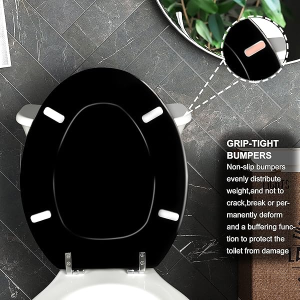 BLACK ELONGATED TOILET SEAT NATURAL WOOD TOILET SEAT WITH ZINC ALLOY HINGES, EASY TO INSTALL ALSO EASY TO CLEAN, SCRATCH RESISTANT TOILET SEAT BY ANGOL SHIOLD (ELONGATED, BLACK)