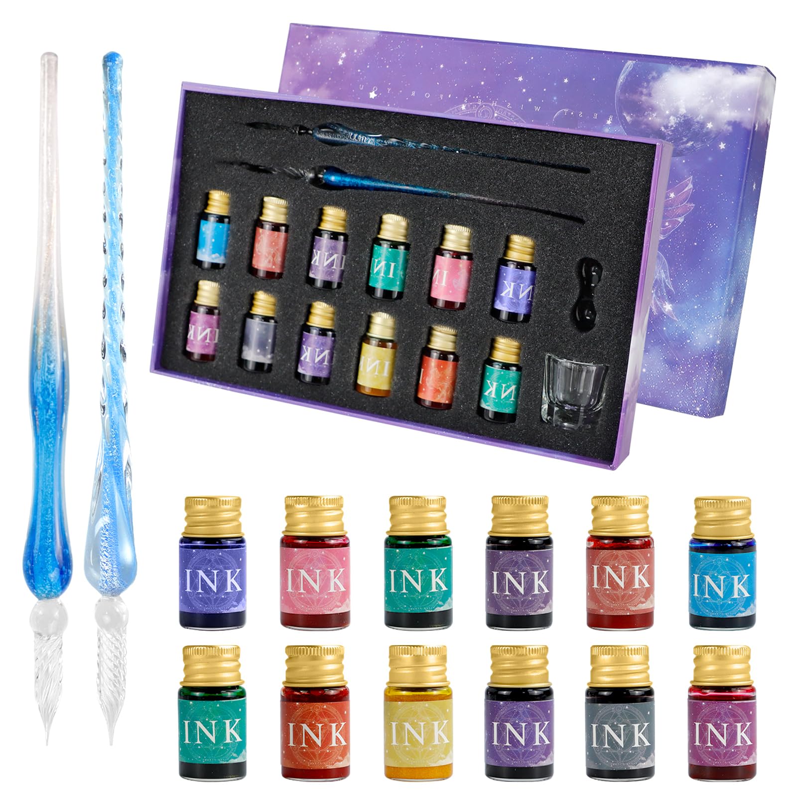 Photo 1 of ***MISSING PARTS***
OT-NVWOZR Glass Dip Pen Ink Set, 16pcs Calligraphy Fountain Pens Set, 2 Crystal Glass Pen, 12 Gold Powder Drawing Ink Drip Tool for Writing Signatures Art Christmas Gift, Calligraphy Kit for Beginners