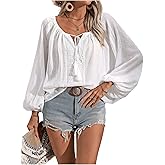SweatyRocks Women's Tie Front V Neck Long Sleeve Tops Fringed Embroidery Shirts Lantern Sleeve Blouse