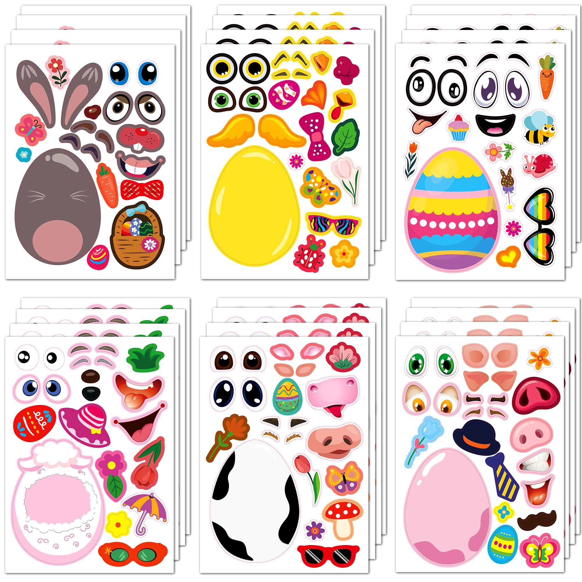 SmilinFit 24 Sheets Easter Stickers for Kids Toddlers, Easter Basket Stuffers, Make A Face Stickers Crafts with Eggs Themed, Kids Party Favor Supplies Decorations Activities Gifts for Girls Boys