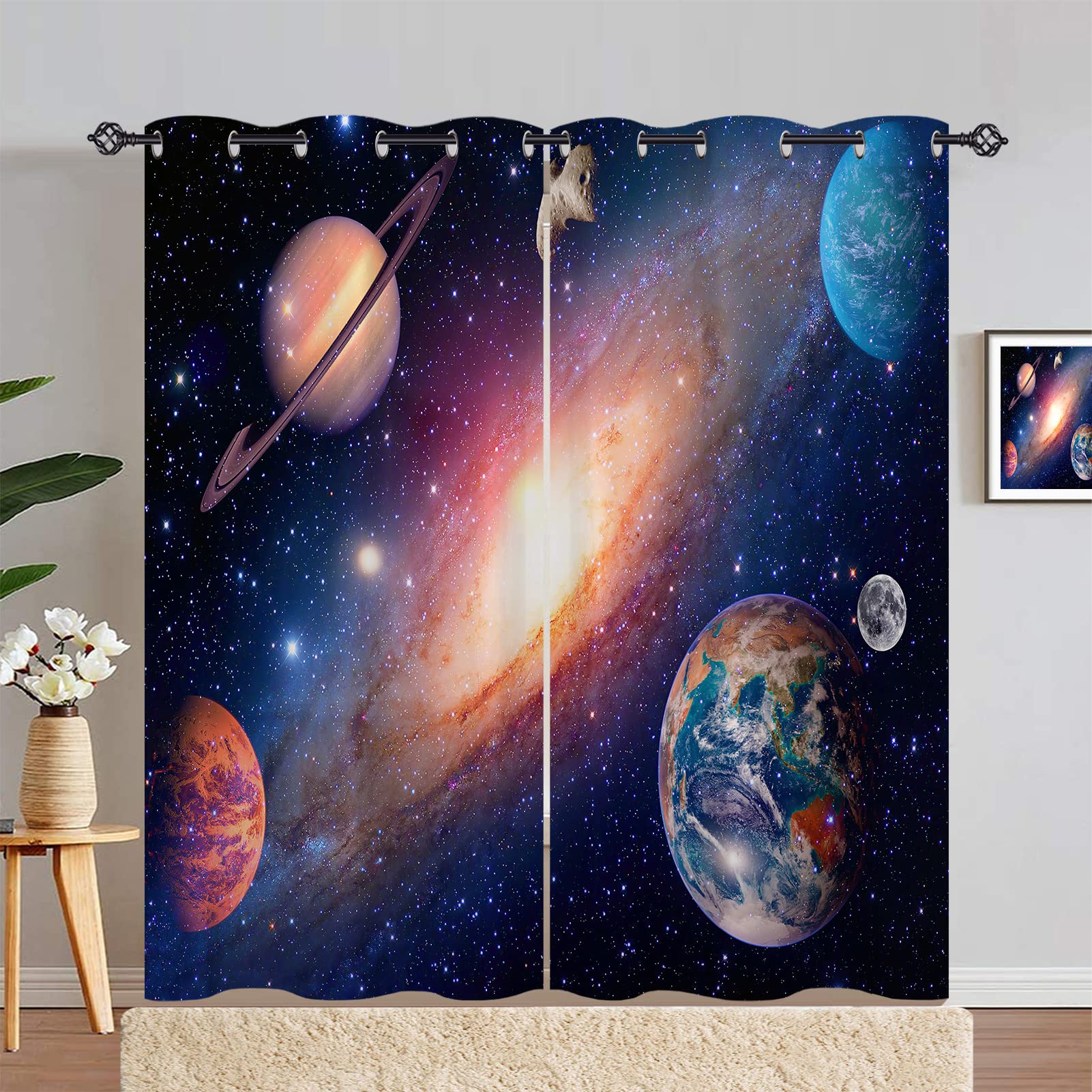 ANHOPE Planet Curtains Eyelet Ring Top Thermal Insulated 80% Blackout Curtains with Space Galaxy Earth Print Pattern Window Drapes for Kids Boys Girls Bedroom Living Room 46 x 72 Inch Drop 2 Panels